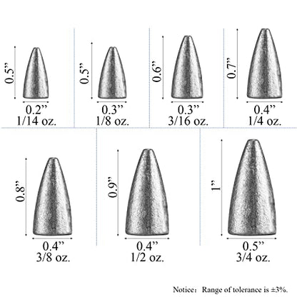 Atibin Bass Fishing Bullet Weights Set Casting Lead Fishing Weights Saltwater Removable Freshwater Fishing Sinker Weight Lead 1/14oz-3/4oz - size: Size3 (3/16oz.) 50 pcs