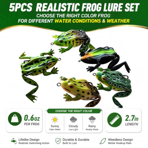 Topwater Frog Lures 5 Pack - Weedless Hollow Body Popping Frog for Bass Fishing, Lifelike Action with Double Hooks for Topwater Strikes