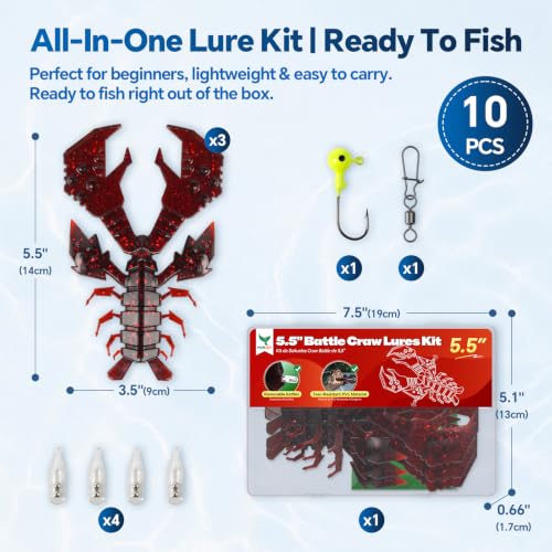 Soft Plastic 5.5" Crawfish Lures with Built-in Rattles, Weedless Bait | Durable Crawdad Swimbaits, Lifelike Action for Bass & Redfish, Freshwater Saltwater Use, 3pcs Per Pack Red Green Blue