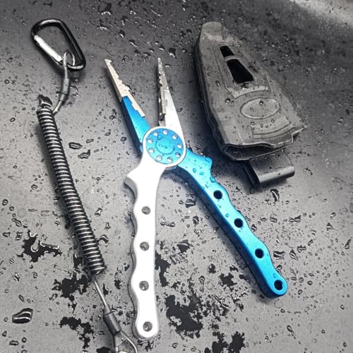 Fishing Pliers,Saltwater Resistant Fishing Gear,Fly Fishing Tools Set,Hook Remover Split Ring,Ice Fishing Gifts for Men - color: Silver Blue Tool Set