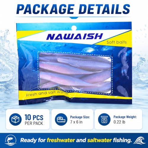 Soft Plastic Jerkbait Fishing Lures, 5 Inch Fluke Style Minnow Swimbaits for Bass, Walleye, Trout & Crappie, Scented Soft Baits for Freshwater & Saltwater, 10 Pack - color: Blue Pearl Shad