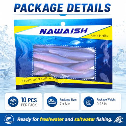 Soft Plastic Jerkbait Fishing Lures, 5 Inch Fluke Style Minnow Swimbaits for Bass, Walleye, Trout & Crappie, Scented Soft Baits for Freshwater & Saltwater, 10 Pack - color: Blue Pearl Shad