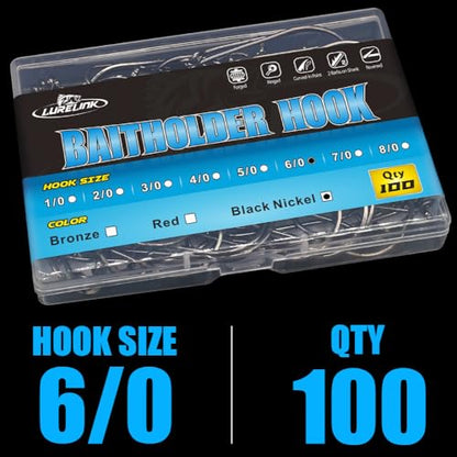 Baitholder Fishing Hooks 100 Pack - Double-Barbed Long Shank for Bluegill Bass Trout Walleye Black/Red, 8/0-#8 - color: 2-Black, size: 6/0 100-Pack
