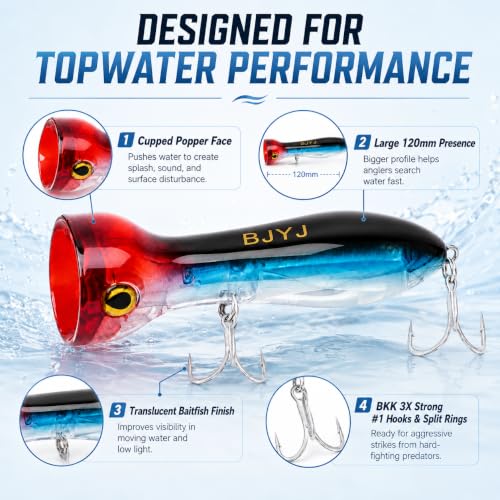 Topwater Popper Fishing Lure, 120mm 4.7in Floating Saltwater Surface Bait with BKK 3X Strong #1 Treble Hooks and Split Rings, Long Casting Hard Lure for Striped Bass Tuna Bluefish Inshore Fishing - color: A2-1PCS/1.48OZ-4.7"