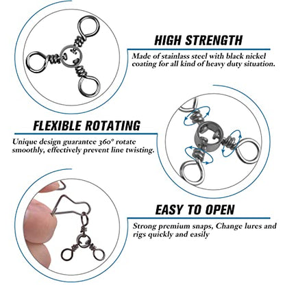 SILANON Fishing 3 Way Swivel Snaps Stainless Steel Cross Line Duo Lock Snap Swivels Saltwater Barrel Triple Swivels Fishing Tackle Connector for Catfish Trolling Surf Rig 26-83LB - size: 8#-35pcs