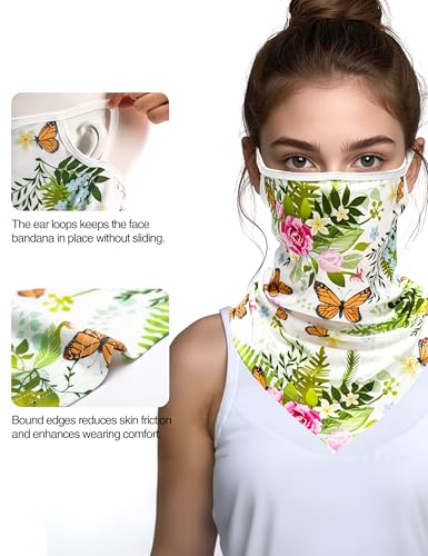 FISHEAL UV Sun Protection Face Scarf Mask, Breathable Gardening Face Cover Neck Gaiter with Ear Loops Bandana for Men Women - color: Monarch Butterfly