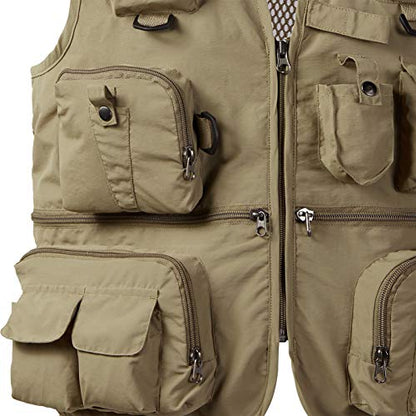 BASSDASH Versatile Men's Women's Fishing Photography Vest with Mesh Back 6 Sizes - color: Khaki, size: Medium