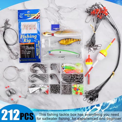 Saltwater Fishing Tackle Box, 212pcs Surf Fishing Gear Kit Saltwater Lures Bait Rigs Bucktail Jigs Spoon Crankbait Pyramid Sinkers Hooks Swivels, Perfect Fishermen Gifts