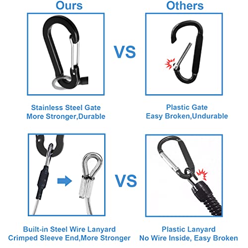 Lix&Rix Detachable Spiral Stretchy Coiled Lanyard with Carabiner | Ring and Quick Release Type, Outdoor Hunting Fishing Equipment Tool Tether Leash, Black 4pcs