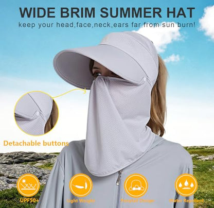 Women Wide Brim Face Mask Sun Hat Detachable Neck Face Flap Ponytail UV Protection Visor Hat Garden Fishing Hiking - color: Bg8094-lightgray
