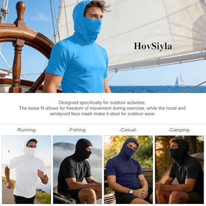HovSiyla 5 Pack Mens Fishing Hoodie UPF Sun Protection Quick Dry Short Sleeve Shirts Hiking Casual Performance Face Mask Top - size: Large