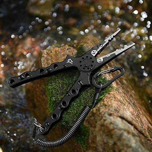 Piscifun Saltwater Fishing Pliers, Aluminum, Split Ring, Braid Cutter | Hook remover, tungsten carbide blade, spring-loaded jaws, ergonomic grip, sheath and lanyard - color: Black, style: Rubber Sheath
