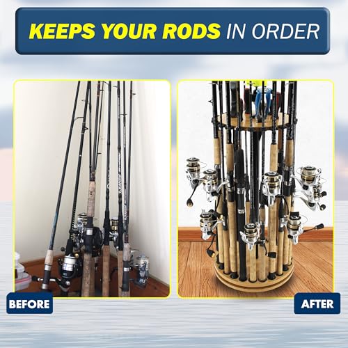 Rush Creek Creations 24-Rod Fishing Rod Holder 360° Rotating Built-in Spooler 14.75"x37.75" Light Wood