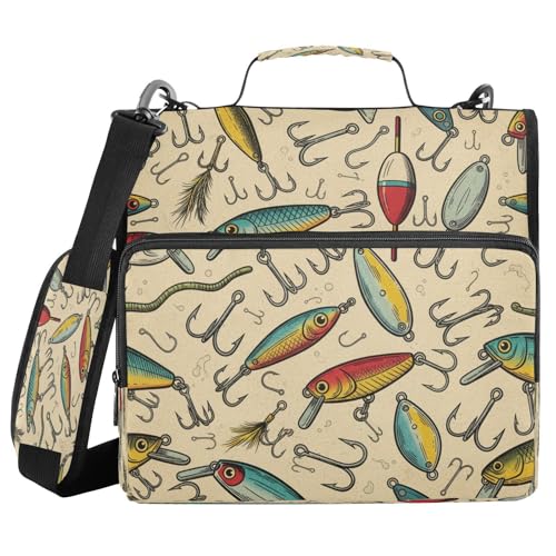 Fish Lures Hook Beige Vintage 3 Ring Zipper Binder with Strap 1.5 inch 500 Sheet Capacity File Folder Storage Organizer