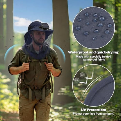 Suhine Mosquito Net Hat with Fan Built in Wide Brim Fan Solar Hat with Netting and Neck Flap for Men Women Outdoor Fishing - color: Navy Blue