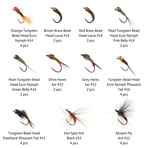 BASSDASH Fly Fishing Flies Kit Fly Assortment Trout Bass Fishing with Fly Box with Dry/Wet Flies, Nymphs, Streamers, Popper - style: 32pcs Barbless Trout Flies