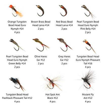 BASSDASH Fly Fishing Flies Kit Fly Assortment Trout Bass Fishing with Fly Box with Dry/Wet Flies, Nymphs, Streamers, Popper - style: 32pcs Barbless Trout Flies