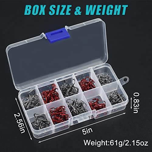 Fishing Treble Hooks Kit, Sharp Replacement Treble Hooks for Lures Baits, High Carbon Steel Fishing Hooks with Stainless Steel Split Rings Set for Bass Trout Walleye Pike - color: Red+Black_100pcs