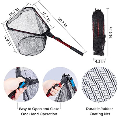 Foldable Kayak Landing Net Kit, 4PCS Fishing Tool Set | With Pliers, Fish Gripper & Hook Remover for Kayak Fishing, Boating, Shore Fishing, Freshwater & Saltwater - color: Red 4pcs Fishing Tools Kits