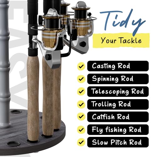 Rush Creek Creations 16-Rod Round Fishing Rod Holder for Garage, 360° Access Fishing Pole Holder for Fishing Rods, Reels, and Gear, Securely Holds 16 Rods, Barnwood - color: Barn Wood