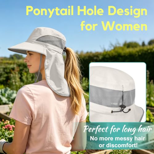 2 Pack Women Men Outdoor Wide Brim Sun Hat with Neck Face Flap,UPF 50+ Protection Fishing Garden Work Hat with Ponytail Hole - color: Light Grey ＆ Beige