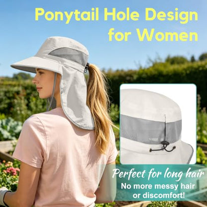 2 Pack Women Men Outdoor Wide Brim Sun Hat with Neck Face Flap,UPF 50+ Protection Fishing Garden Work Hat with Ponytail Hole - color: Light Grey ＆ Beige