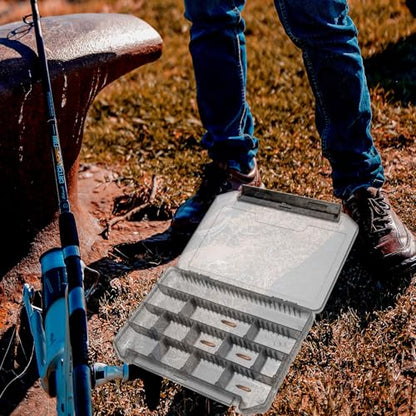 FAVOMOTO Portable Fishing Tackle Box with Lure Container and Hook Holder, Compact Gray Multi-Functional Fish Bait Storage Organizer for Kayak and Outdoor Fishing