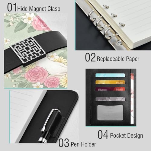 Easter Ducks Flowers Eggs Leaves A5 PU Leather Refillable Binder,Business Notebook Travel Planner with Expandable Pockets,6-Ring,Pen Storage & Easy-Clean Surface for Daily Use - color: Easter Ducks Flowers Eggs Leaves