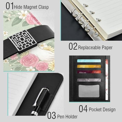 Easter Ducks Flowers Eggs Leaves A5 PU Leather Refillable Binder,Business Notebook Travel Planner with Expandable Pockets,6-Ring,Pen Storage & Easy-Clean Surface for Daily Use - color: Easter Ducks Flowers Eggs Leaves