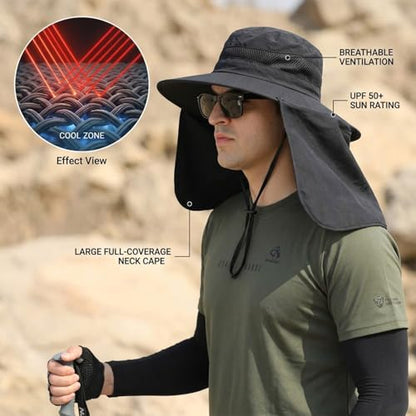 HUAMULAN Men Summer Sun Hat Women Safari Wide Brim Fishing Hats UV Protection Neck Flap Bucket Gardening Hiking Hunting Cap - color: Hyp016-black