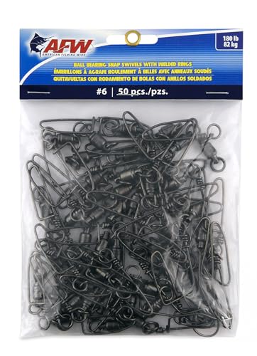 AFW Solid Brass Ball Bearing Snap Swivels with Welded Rings - Black Finish, Up to 450 lb Test Capacity, Patented Bullet Shaped Head for Reduced Water Resistance, Fluid Rotation - size: 50 pc, #6, 180 lb test