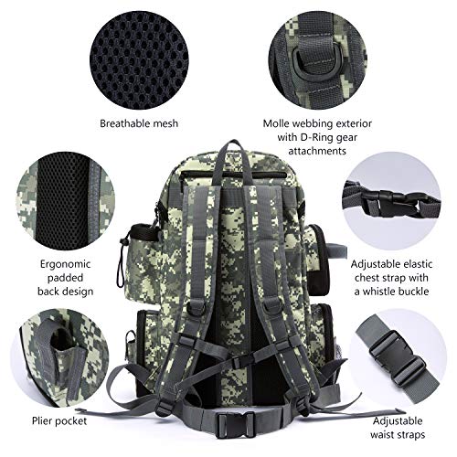 BASSDASH Fishing Tackle Backpack Water Resistant Tactical Bag Soft Tackle Box with Rod Holder and Protective Rain Cover - color: Jungle Camo Backpack [3600] With 3 Trays