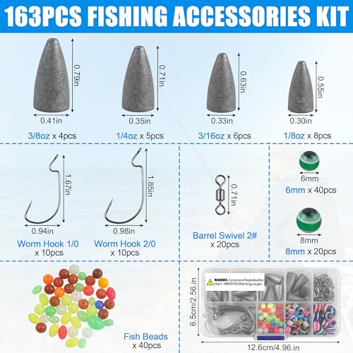 Carolina and Texas Rig Kit for Bass Fishing Worm Weights Bullet Sinkers Hooks Beads Rolling Swivels Fishing Accessories Tackle Box Kit 163pcs