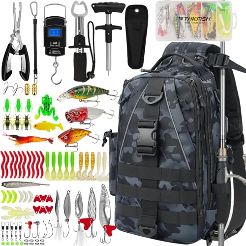THKFISH 85Pcs Fishing Tool Kit, Fishing Backpack with Tackle Boxes Included, Fishing Tackle Kit Include Fishing Bait Lure Gear Kit, Fishing Pliers, Fish Hook Remover, Lip Gripper - color: Camo Backpack