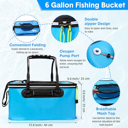Threehoney Set of 4 Saltwater Fishing Cast Net, Foldable Fish Bucket, Folding Fishing Landing Net, and 110lb Digital Scale, 6 Gallon Live Fish Bait Bucket - color: Blue, size: 4ft
