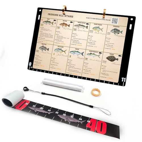Florida Saltwater Fish & Shark ID Set - 100 Species Waterproof Guide (9.8x7.1") - 11.4" Acrylic Backplate with Integrated 11" Ruler & 40" Folding Fish Tape - Reusable Catch Log & Dry Erase Pen (black)