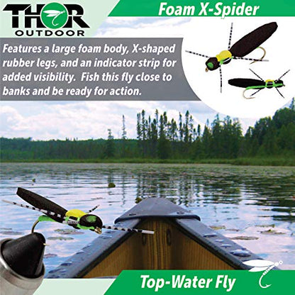 Topwater Fly Fishing Kit for Bass & Panfish | 14 pc Set + Tapered Leader - Foam Poppers, Hoppers, Dry Flies, Spiders, Ants, & Attractors (Hook Size 10 to 12)