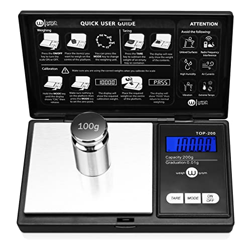 Weigh Gram 200g Digital Pocket Gram Scale 0.01g Accuracy, 200g x 0.01g Mini Digital Grams Scale, Small Food Scale, Jewelry Scale, Ounces Grains Scale With100g Calibration Weight - size: 200g / 0.01g (Model: TOP-100)
