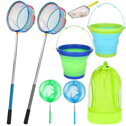 2 Pack Telescopic Kids Fishing Net with Handle, 2 Collapsible Bucket Sand Pail, Stainless Steel Foldable Fishing Net Small Fishing Butterfly Bug Net Beach Shovel with Storage Bag - color: Green Blue