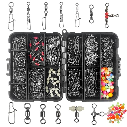 Fishing Swivels Kit - Ball Bearing Swivel, Rolling Barrel Swivel, Crossline Three Way Swivel, Duo Lock Snap, High Strength Fishing Line Connector for Bass Trout Saltwater Freshwater - color: 170PCS