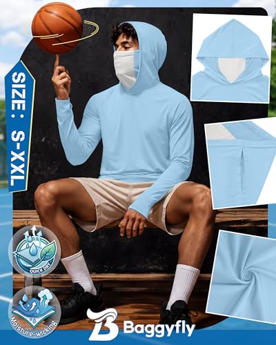Men's UPF 50+ Sun Protection Hoodies Mask Long Sleeve Thumbholes Lightweight Dry Rash Guards Running Fishing Shirts - color: Ice Blue, size: Large