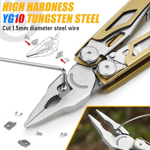 BIBURY Multitool Pliers Pro BI2045, 31-in-1 Stainless Steel Multi Tool with Replaceable Wire Cutters and Saw, Foldable Heavy-duty Multitool Set with Scissors and Screwdriver for Hiking Camping Repair - color: Golden