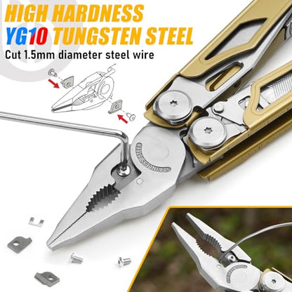 BIBURY Multitool Pliers Pro BI2045, 31-in-1 Stainless Steel Multi Tool with Replaceable Wire Cutters and Saw, Foldable Heavy-duty Multitool Set with Scissors and Screwdriver for Hiking Camping Repair - color: Golden