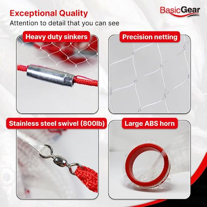BasicGear Cast Net | 3ft-12ft Radius, 3/8 or 1/4 inch Mesh for Freshwater and Saltwater Bait Fish| Professional Grade and Upgraded Material | Throw Style - size: 3ft Radius, style: Zinc Iron, 3/8" Mesh