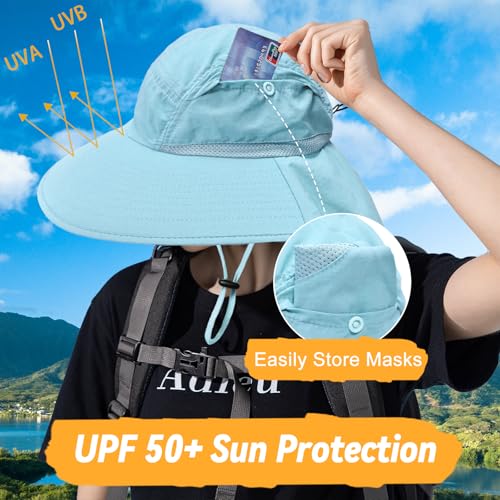 Sun Hats for Men Women Detachable Face Cover Wide Brim Fishing Hats with Neck Flap UPF 50+ Outdoor Safari Hats - color: Blue