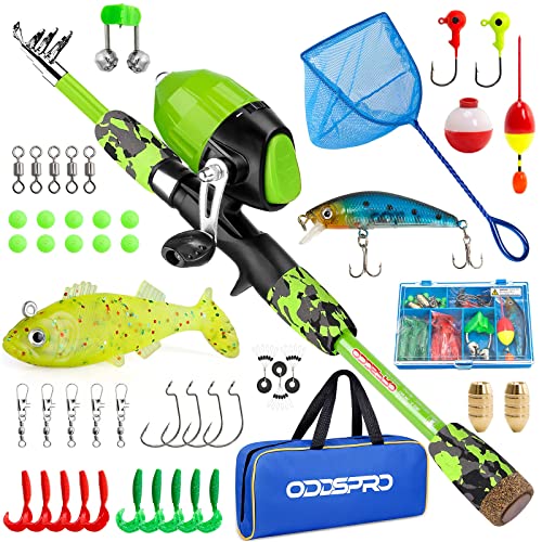 ODDSPRO Kids Fishing Pole - Portable Telescopic Kids Fishing Rod and Reel Combo Kit - with Spincast Fishing Reel Tackle Box for Girls, Youth - color: Green+Net, size: 4.92 ft