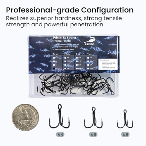 Pristis 3X Strong Fishing Treble Hooks, High Carbon Steel Sharp Barbed Tripple Round Bend Hook Kit Set for Lure Bait, Needle Point for Saltwater Freshwater Bass Trout Tuna Catfish Pike - size: #4 - 32 Pack