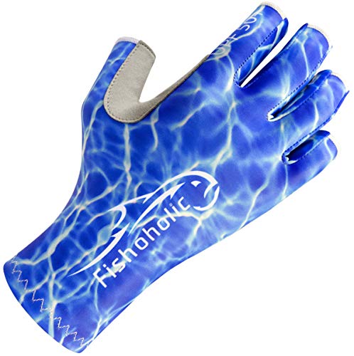Fishoholic UPF50+ Fingerless Fishing Gloves - Sticky Grip Sun Protection Glove - Kayaking Paddling or Rowing - color: Blue H2O Camo, size: S / M
