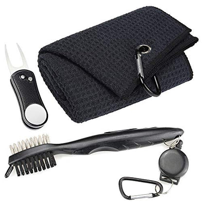 Mile High Life Microfiber Waffle Pattern Golf Towel | Club Groove Cleaner Brush | Foldable Divot Tool with Magnetic Ball Marker (Black Towel/Brush/Bone Divot) - color: Black Towel/Brush/Bone Divot