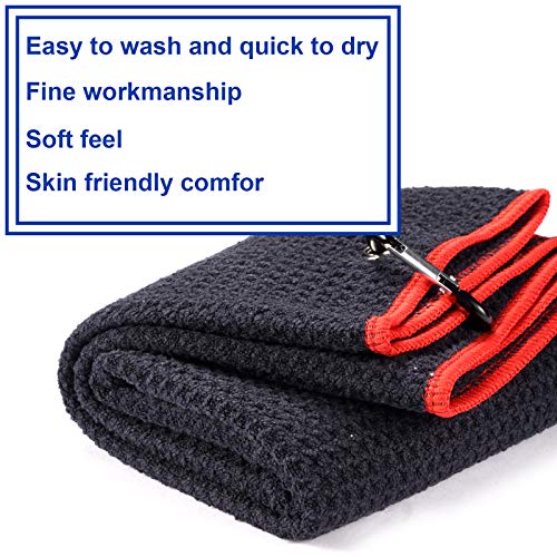 2 Pack 16" x 24" Tri-fold Golf Towel Set, Microfiber Fabric Waffle Pattern Towels, Heavy Duty Carabiner Clip (2 Pcs, 2 Colors) - color: 3: Black (Red Edge) + Navy Blue (Black Edge)